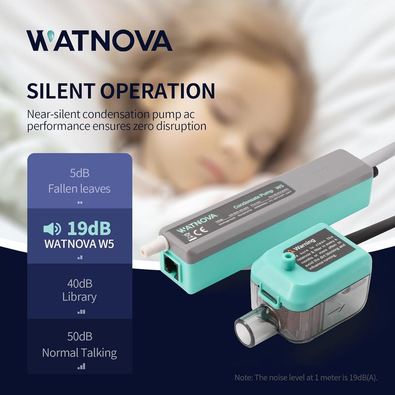 WATNOVA Mini Split Condensate Pump, AC Condensate Pump, 4.75 GPH 100-240V, 27ft Lift, Floatless Sensor Tech, Ultra-Thin Silent Design for HVAC/Wall-mounted Air Conditioner/Ceiling Air Conditioners - Image 3
